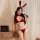 Woman modeling red velvet bunny girl lingerie set with lace trim, bow tie, and ears; festive christmas sleepwear for small bu...