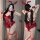 Woman in red lace bunny costume with ruffles, fishnets & ears—flirty lingerie set for playful allure.
