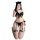 Woman in black cat ears and seductive lingerie set with fishnet stockings, playful roleplay costume for women.