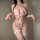 Woman wearing pink feathered sexy cat costume set with bunny girl lingerie, fishnet stockings, and choker for role play sleep...