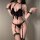 Sexy black catwoman lingerie set with open-crotch design, featuring fluffy bra, garter belt, fishnet stockings, and choker fo...