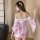 Sexy deep v anime lingerie set - japanese kimono style cosplay outfit for role play, featuring a pink satin design with flora...