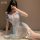 Sexy deep v lace corset set - sheer pearl mesh maid costume with waist-cinching design for women