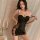 Woman wearing black deep v lace sleep dress set with sheer mesh cami and skirt, flirty wrinkled bodice for small bust.