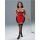Woman wearing red and black lingerie-style cat costume with lace trim, fishnet stockings, and playful design for roleplay or ...