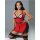 Woman in red and black lingerie-style cat cosplay outfit with lace, zippers, and fishnet stockings for roleplay or parties.