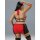 Woman wearing red and black lingerie-style cat costume with lace details, strappy back, and thigh-high stockings for cosplay ...