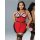 Woman modeling red and black lingerie-style cat costume with lace trim, front zipper, and garter straps for roleplay or parti...