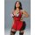 Woman modeling red and black lingerie-style cosplay outfit with lace trim, front zipper, and attached garters for roleplay or...