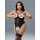 Woman wearing black sheer lace bodysuit with garter belt and fishnet stockings, featuring transparent shapewear design.