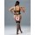 Woman wearing a sheer black bodysuit with garter belt and fishnet stockings, showcasing the back design of this european-styl...