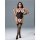 Woman modeling a black sheer lace bodysuit with garter belt and stockings.