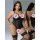 Woman modeling black sheer lace bodysuit with garter belt and stockings, featuring european-style shapewear design.