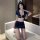 Sexy flight attendant costume set for women featuring a navy blue pencil skirt and matching top with gold trim, perfect for t...