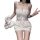 Woman modeling white sheer lingerie set with lace trim, holding teddy bear and making peace sign.