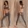 Woman modeling gray ice silk open-crotch yoga pants set with matching sports bra, front and back views.