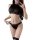 Woman wearing black sheer mesh bodysuit with hip-hugging design, featuring jason textile branding on waistband and neckline.