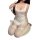Woman wearing sexy lace backless maid costume with sheer apron sleep dress, cheeky cutout, and thigh-high stockings.
