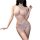 Woman wearing sheer lace backless bodysuit with cross-back straps, designed as erotic lingerie for nightclub wear.
