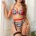 Woman modeling sexy checkered bikini set with red accents, lace trim, and garter straps for bold vacation or date night linge...