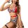 Woman modeling sexy checkered bikini set with red accents, bold color-block design for vacation and date nights.