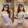 Sexy lace blue gingham maid costume sleepwear set featuring a charming outfit with bows, lace details, and sheer elements for...