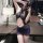 Woman in mirror selfie wearing black lace bodycon mini dress with sheer panels, part of pure temptation lingerie set for sedu...