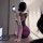 Woman in purple sexy lace bodycon mini dress with built-in pads, posing on desk while taking mirror selfie — pure temptation ...