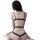 Woman wearing black backless bodysuit with push-up cups and pvc zipper detail, shown from behind in a role play outfit.