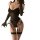 Woman wearing a black sheer lace bodysuit set with boning, straps, and matching gloves.