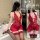 Sexy lace bodysuit set featuring deep v-neckline and thigh-high stockings, perfect for plus-size women seeking bold, seductiv...