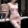 Woman wearing pink lace bodysuit set with embroidered sheer kimono style top and bodycon skirt, paired with white thigh-high ...