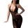Woman wearing black sheer mesh halter bodysuit with deep v-neck and open-crotch design, plus size seductive lingerie.
