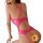 Woman wearing a pink lace bodysuit with an open-crotch design, featuring sheer and breathable fabric for a stylish and intima...