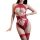 Woman wearing red lace bodysuit with mesh stockings, featuring intricate cutouts and halter neckline for intimate moments.