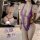 Woman modeling purple sexy lace bodysuit set with sheer cut-outs, back view inset showing thong detail and bow ties.