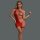 Woman modeling red sheer mesh bodysuit with rhinestone accents and cut-out details.