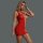Woman modeling red sheer mesh bodysuit with rhinestone accents and lace cut-outs.
