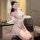 Woman kneeling in hotel room wearing new sexy lace bodysuit - sheer mesh & embroidered erotic lingerie set, pure-allure style...