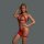 Woman modeling red sheer mesh bodysuit with rhinestone trim and cut-out details.