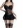 Black lace bodysuit with sheer mesh, ruffled hem, and matching thigh-high stockings for a provocative date night look.