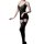 Woman wearing black lace bodysuit with sheer mesh, attached skirt, and matching stockings – elegant seductive lingerie set.