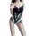 Woman wearing black lace bodysuit with ties, sheer panels, and fishnet stockings — seductive open-crotch costume set for wome...