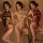 Three women modeling sexy lace bodysuits in black, white, and red with open-crotch cheongsam design.