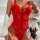Woman wearing red lace bodysuit with sheer mesh and tie straps, stylish erotic lingerie set in design.