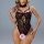 Woman modeling black lace bodysuit with red lip print, sheer cut-outs, and open-crotch design.