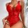 Red lace bodysuit with sheer mesh and tie straps, featuring a corset-style front for a bold, erotic look.