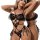 Woman wearing a sexy black lace bodysuit with sheer mesh and intricate straps, designed for an alluring look.