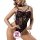 Woman modeling black lace bodysuit with red rose embroidery, sheer panels, and open-crotch design.