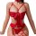 Woman wearing red lace bodysuit with butterfly tie-up front, push-up design, and alluring cutouts.